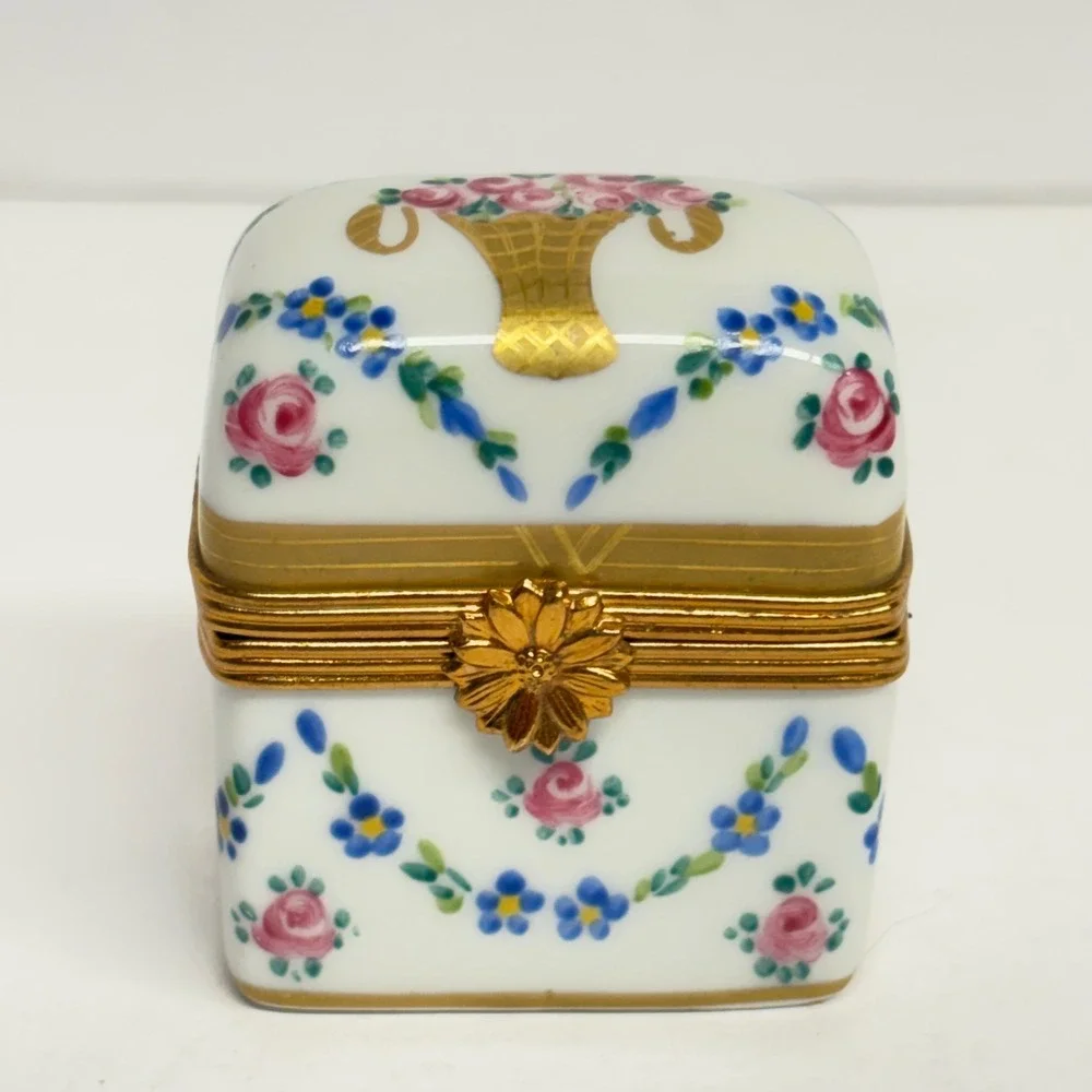 Vintage Limoges Trinket Box Two Glass Bottles Hand Painted Floral Porcelain